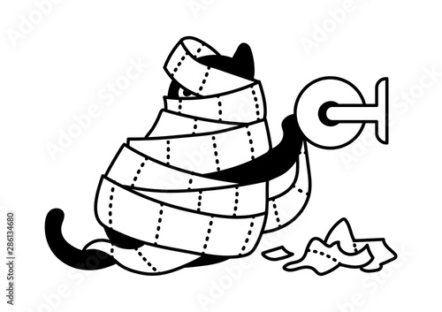 A Vector Outline Cartoon Black And White Drawing Of A Black Cat Pulling ing Out A Toiler Paper Roll