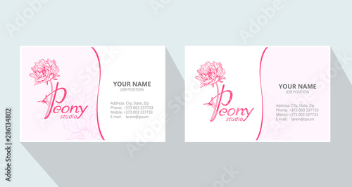 Peony logo. Vector business cards design template with monogram letter P and pink peony flowers on white background. Romantic design for natural cosmetics, perfume, women products. Peony studio.