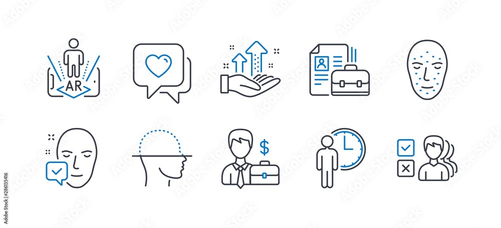 Set of People icons, such as Waiting, Face biometrics, Augmented reality, Analysis graph, Vacancy, Face accepted, Businessman case, Heart, Opinion line icons. Line waiting icon. Vector Set of People icons, such as Waiting, Face biometrics, Augmented reality, Analysis graph, Vacancy, Face accepted, Businessman case, Heart, Opinion line icons. Line waiting icon. Vector