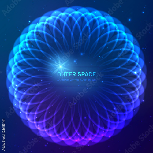 Dark blue cosmic background with stars and light effects