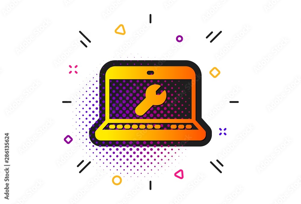 Laptop repair service sign. Halftone circles pattern. Spanner tool icon. Fix instruments symbol. Classic flat laptop repair icon. Vector Laptop repair service sign. Halftone circles pattern. Spanner tool icon. Fix instruments symbol. Classic flat laptop repair icon. Vector