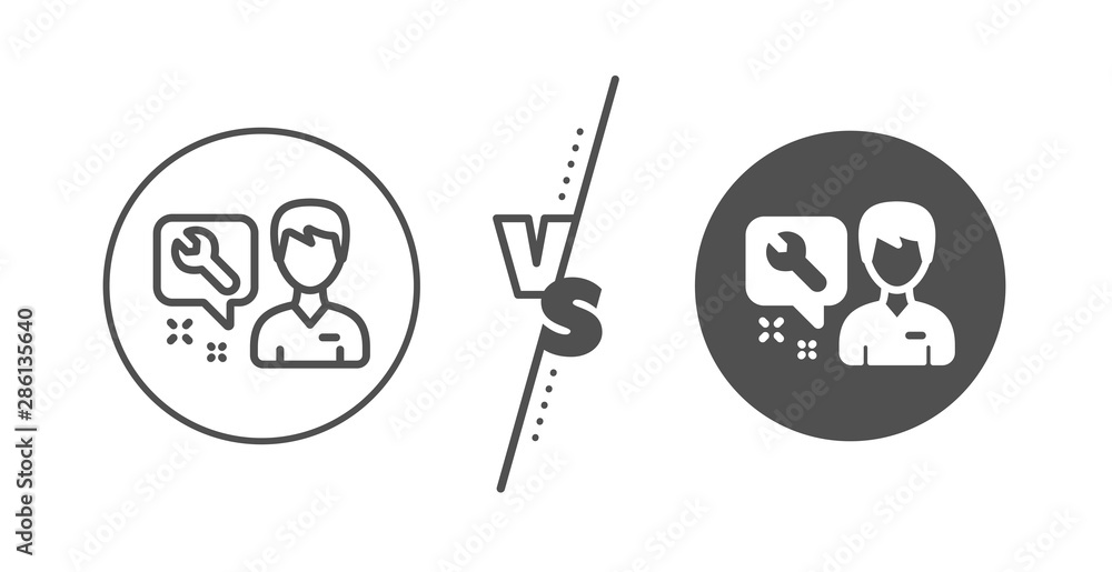 Repairman service sign. Versus concept. Spanner tool line icon. Fix instruments symbol. Line vs classic repairman icon. Vector Repairman service sign. Versus concept. Spanner tool line icon. Fix instruments symbol. Line vs classic repairman icon. Vector