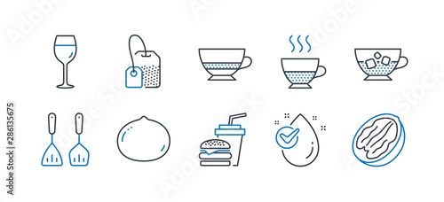 Set of Food and drink icons, such as Water drop, Wine glass, Doppio, Tea bag, Cooking cutlery, Hamburger, Macadamia nut, Bombon coffee, Cold coffee, Pecan nut line icons. Line water drop icon. Vector