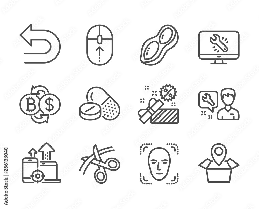 Set of Business icons, such as Package location, Repairman, Swipe up, Seo devices, Sale, Bitcoin exchange, Monitor repair, Medical drugs, Peanut, Face detection, Scissors, Undo line icons. Vector Set of Business icons, such as Package location, Repairman, Swipe up, Seo devices, Sale, Bitcoin exchange, Monitor repair, Medical drugs, Peanut, Face detection, Scissors, Undo line icons. Vector