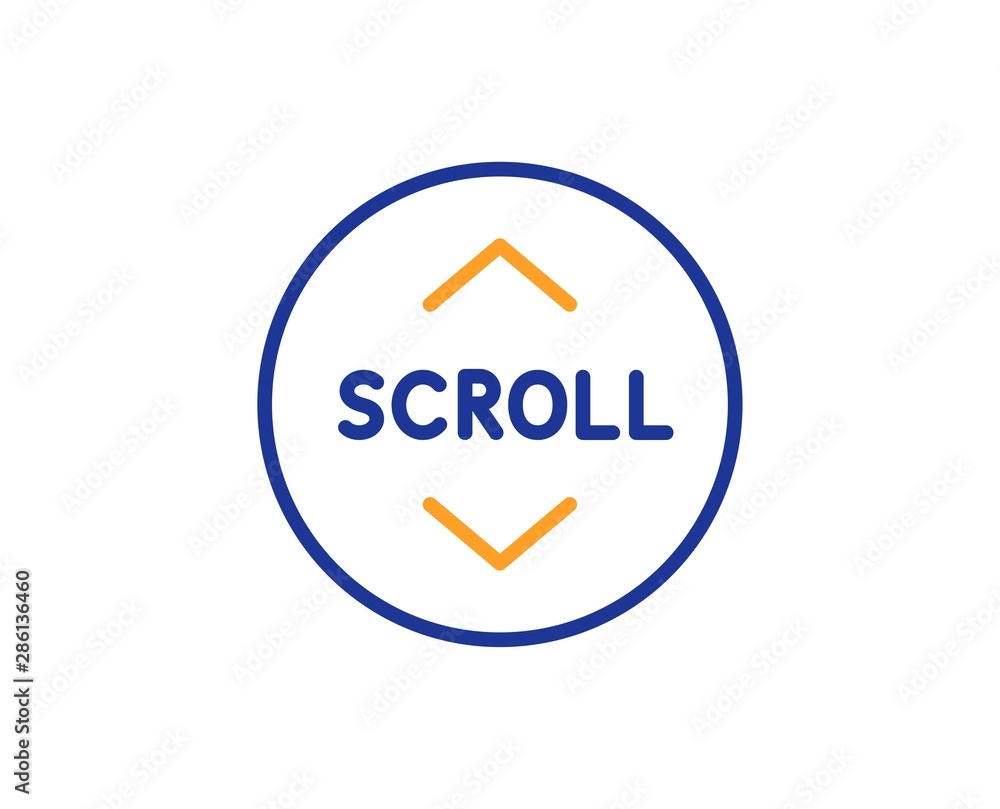 Scrolling screen sign. Scroll down button line icon. Swipe page. Colorful outline concept. Blue and orange thin line scroll down icon. Vector Scrolling screen sign. Scroll down button line icon. Swipe page. Colorful outline concept. Blue and orange thin line scroll down icon. Vector