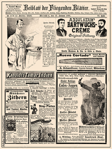 Commercial magazine advertising page in German with many promotion banners,vignettes and caricatures; dated 1891