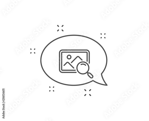 Search photo line icon. Chat bubble design. Find image or picture sign. Outline concept. Thin line search photo icon. Vector