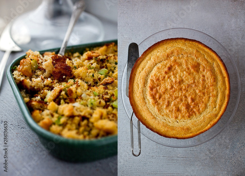 Close up of savory cornbread stuffing with cornbread on table photo