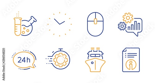 Seo timer, Cogwheel and Chemistry lab line icons set. Time, Ship and Computer mouse signs. 24h service, Technical info symbols. Cogwheel, Engineering tool. Technology set. Line seo timer icon. Vector