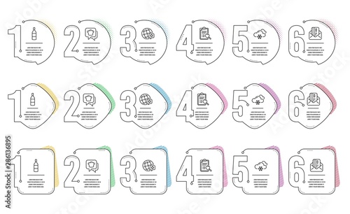 World medicine, Wine bottle and Credit card line icons set. Infographic timeline. Snow weather, Cooking hat and Search analysis signs. Online medicine, Cabernet sauvignon, Mail. Snowflake. Vector