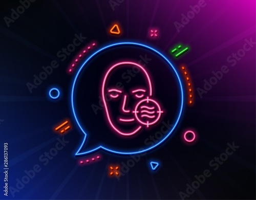 Problem face skin line icon. Neon laser lights. Need facial care sign. Target symbol. Glow laser speech bubble. Neon lights chat bubble. Banner badge with problem skin icon. Vector