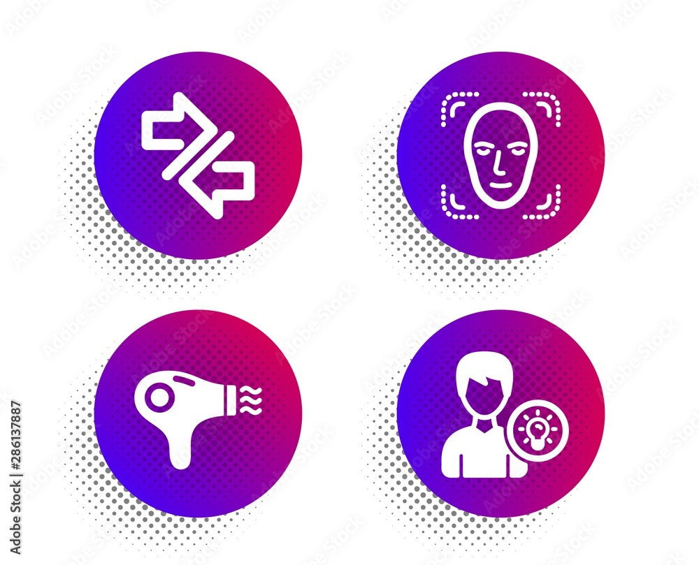 Face detection, Synchronize and Hair dryer icons simple set. Halftone dots button. Person idea sign. Detect person, Communication arrows, Hairdryer. Lamp energy. Technology set. Vector