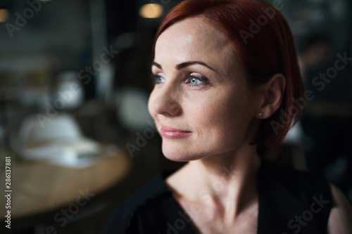 Close-up portrait of attractive woman sitting in a cafe.