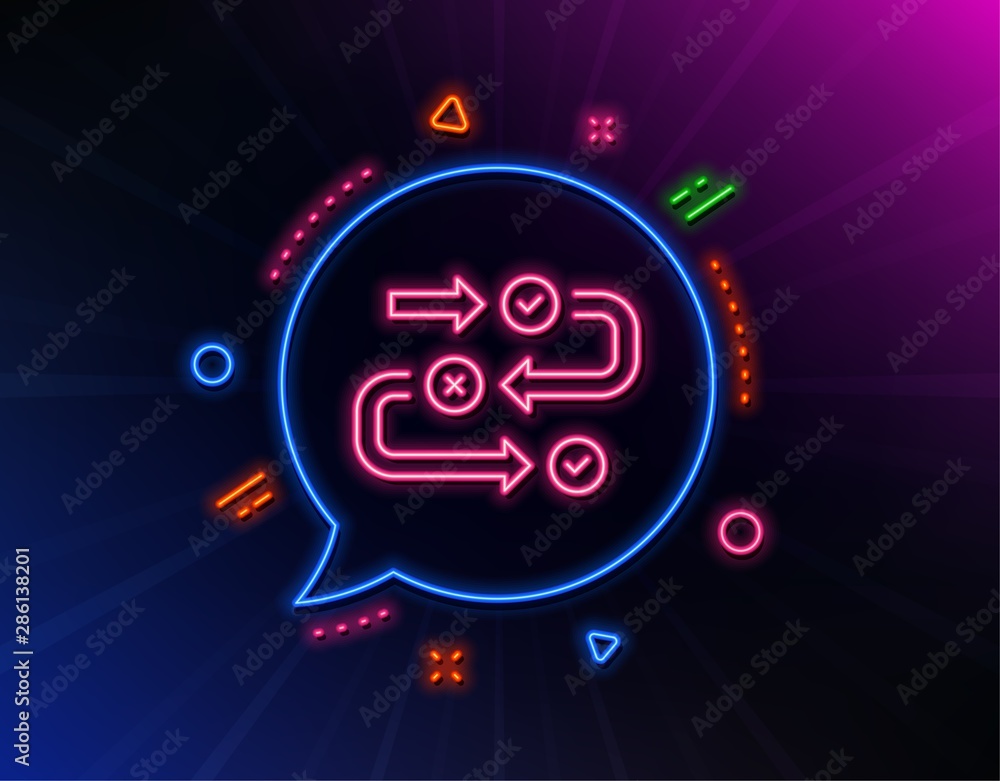 Fototapeta premium Survey progress line icon. Neon laser lights. Quiz algorithm sign. Business interview symbol. Glow laser speech bubble. Neon lights chat bubble. Banner badge with survey progress icon. Vector
