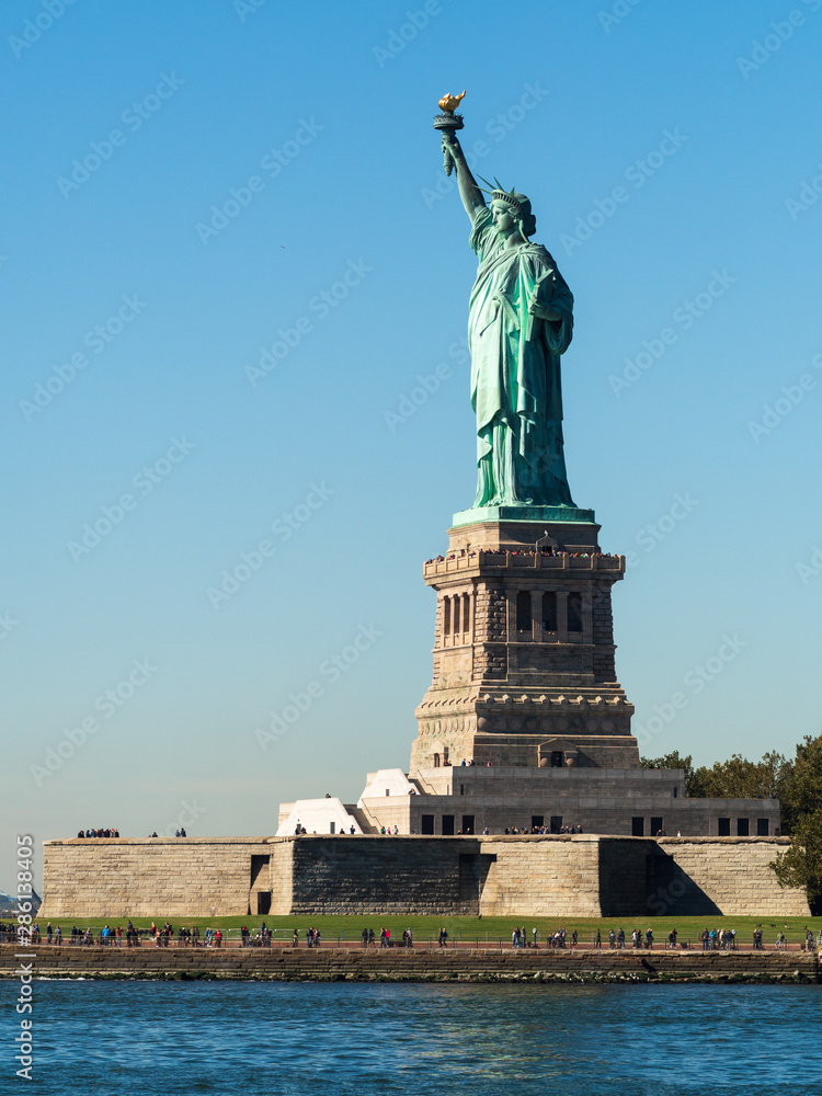 The Statue of Liberty on Liberty Island standing for freedom and independence