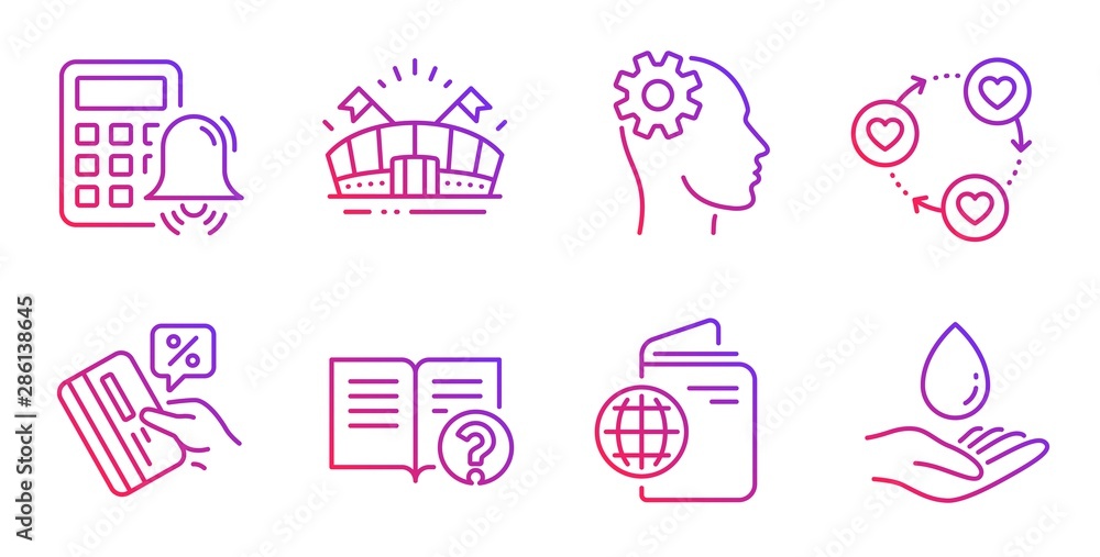 Travel passport, Help and Sports arena line icons set. Engineering, Friends community and Credit card signs. Calculator alarm, Water care symbols. Trip document, Documentation. Business set. Vector Travel passport, Help and Sports arena line icons set. Engineering, Friends community and Credit card signs. Calculator alarm, Water care symbols. Trip document, Documentation. Business set. Vector