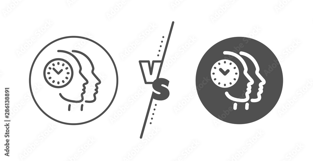 Clock sign. Versus concept. Time management line icon. Teamwork symbol. Line vs classic time management icon. Vector