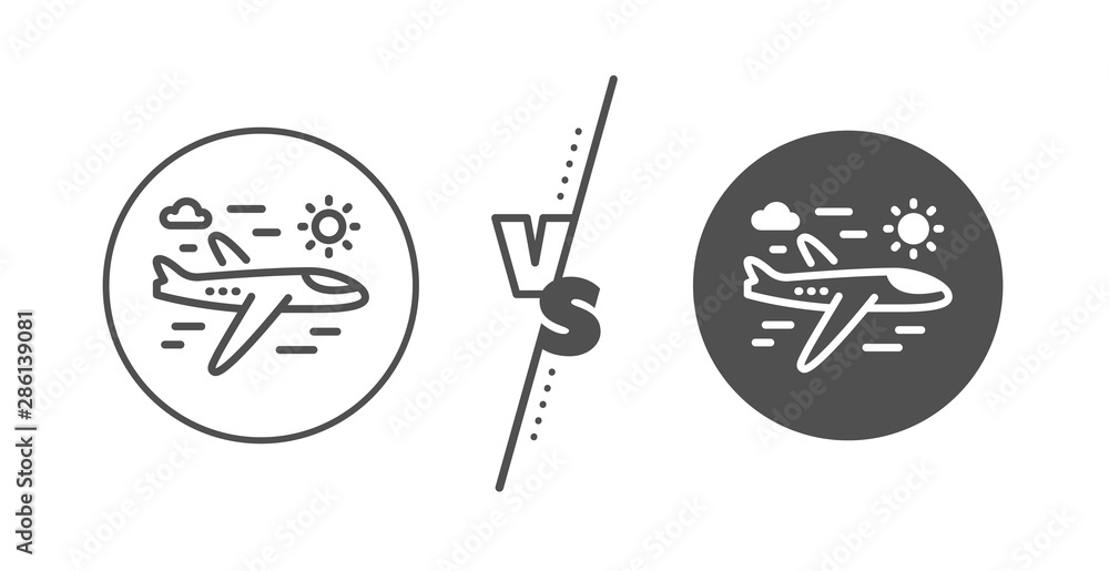 Trip flight sign. Versus concept. Airplane travel line icon. Holidays symbol. Line vs classic airplane travel icon. Vector Trip flight sign. Versus concept. Airplane travel line icon. Holidays symbol. Line vs classic airplane travel icon. Vector