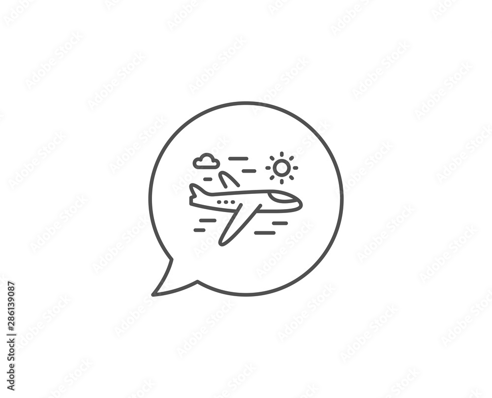 Airplane travel line icon. Chat bubble design. Trip flight sign. Holidays symbol. Outline concept. Thin line airplane travel icon. Vector Airplane travel line icon. Chat bubble design. Trip flight sign. Holidays symbol. Outline concept. Thin line airplane travel icon. Vector