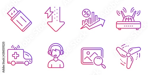 Ambulance car, Usb flash and Wifi line icons set. Energy drops, Consultant and Loan percent signs. Search photo, Wind energy symbols. Emergency transport, Memory stick. Business set. Vector