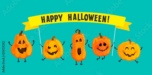 Monster pumpkins with Halloween banner. Cute characters invite you to celebrate holiday with them. Vegetables in different poses, template for your design,poster, greeting card. Vector illustration.