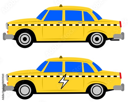 Set of two vector illustrations of American yellow old-fashioned cabs in classic and eco-friendly electric version