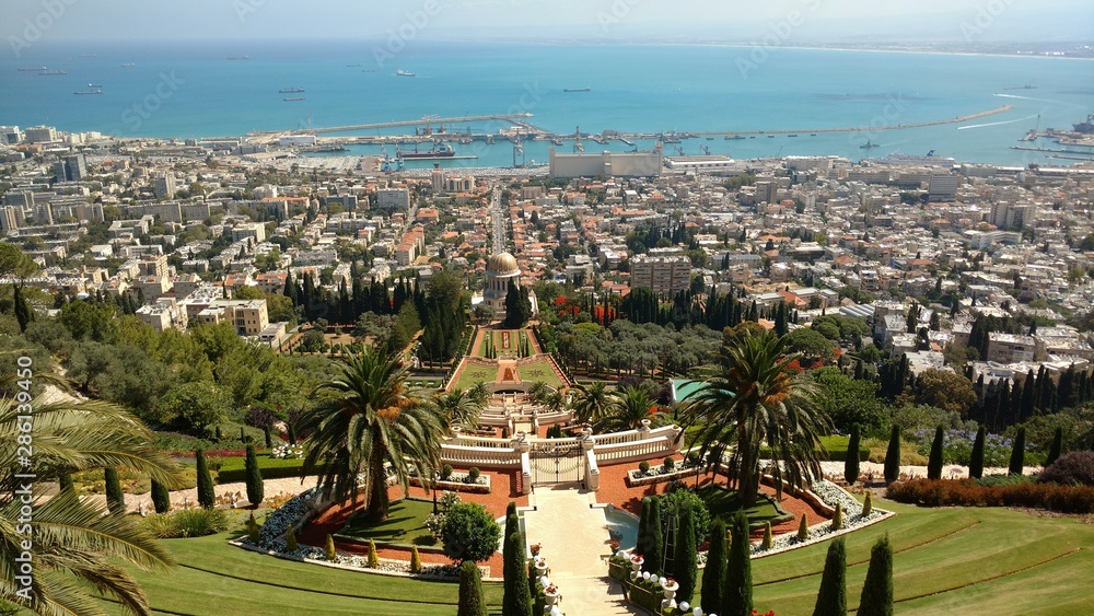 The urban landscape of Haifa, Israel, is seen from the Bahai Gardens.