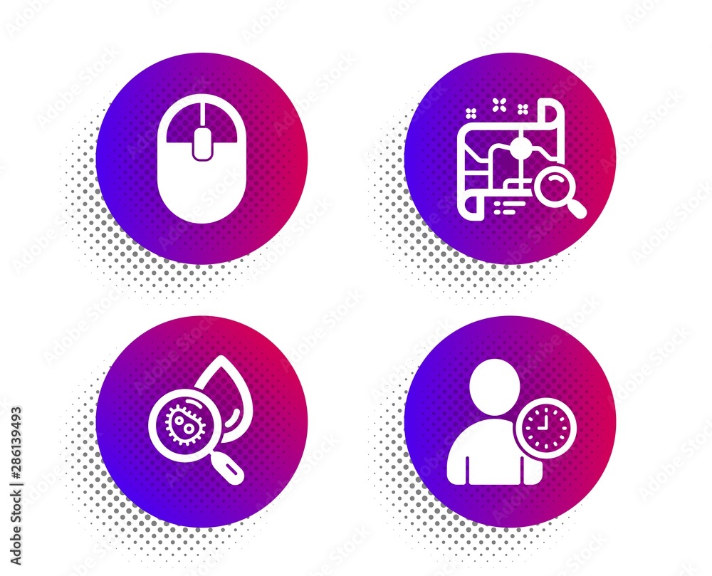 Search map, Computer mouse and Water analysis icons simple set. Halftone dots button. Time management sign. Find address, Pc equipment, Aqua bacteria. User with clock. Business set. Vector Search map, Computer mouse and Water analysis icons simple set. Halftone dots button. Time management sign. Find address, Pc equipment, Aqua bacteria. User with clock. Business set. Vector