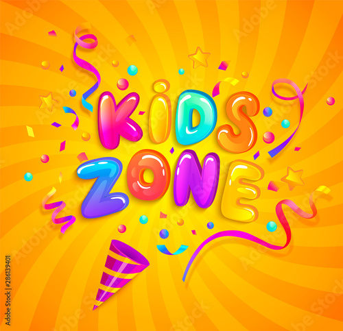 Kids zone banner with party cracker,confetti,serpentine sparkles on sunburst background in cartoon style. Place for fun and play. Poster for children's playroom decoration. Vector illustration.