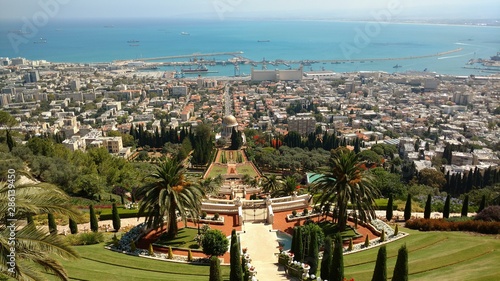 The urban landscape of Haifa, Israel, is seen from the Bahai Gardens.
