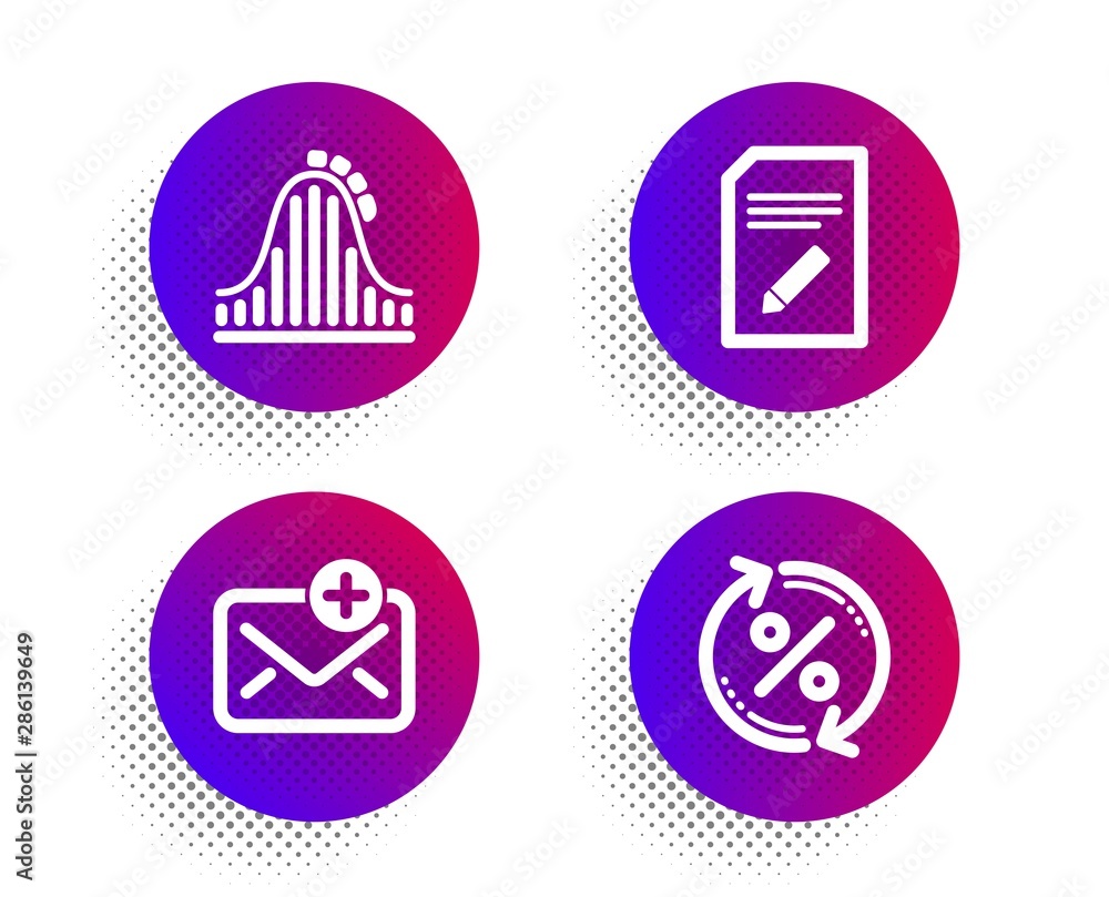 New mail, Edit document and Roller coaster icons simple set. Halftone dots button. Loan percent sign. Add e-mail, Page with pencil, Attraction park. Change rate. Technology set. Vector New mail, Edit document and Roller coaster icons simple set. Halftone dots button. Loan percent sign. Add e-mail, Page with pencil, Attraction park. Change rate. Technology set. Vector