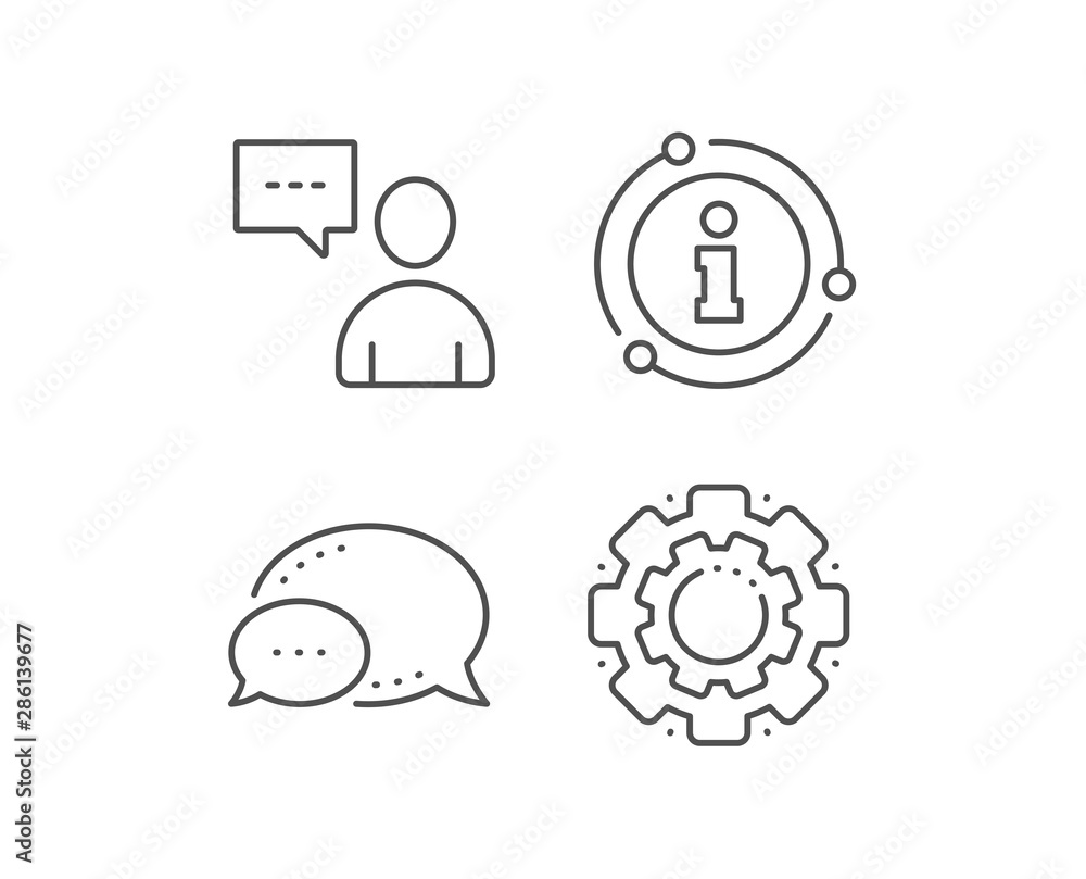User communication line icon. Chat bubble, info sign elements. Person with chat speech bubble sign. Human silhouette symbol. Linear users chat outline icon. Information bubble. Vector User communication line icon. Chat bubble, info sign elements. Person with chat speech bubble sign. Human silhouette symbol. Linear users chat outline icon. Information bubble. Vector