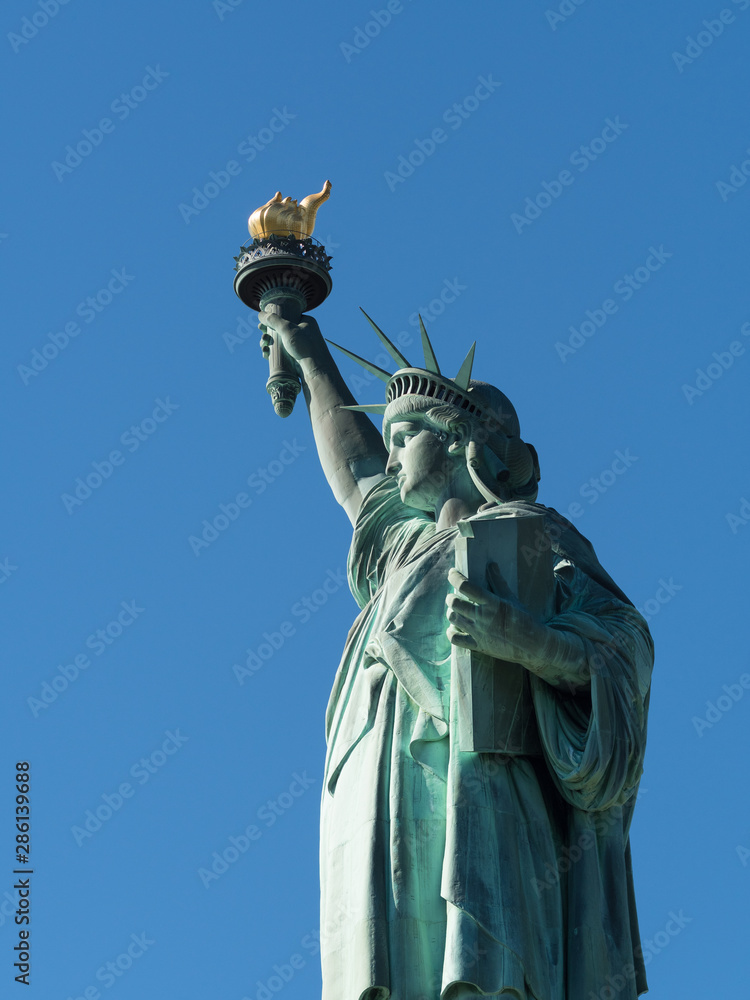 The liberty goddess holding a torch above her head