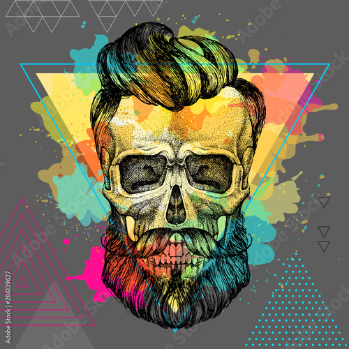 Hand drawing hipster skull illustration on artistic watercolor background. Hipster fashion style