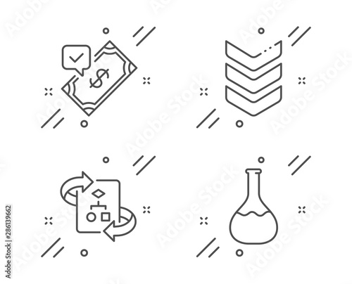 Shoulder strap, Accepted payment and Technical algorithm line icons set. Chemistry lab sign. Army rank, Bank transfer, Project doc. Laboratory. Education set. Line shoulder strap outline icon. Vector