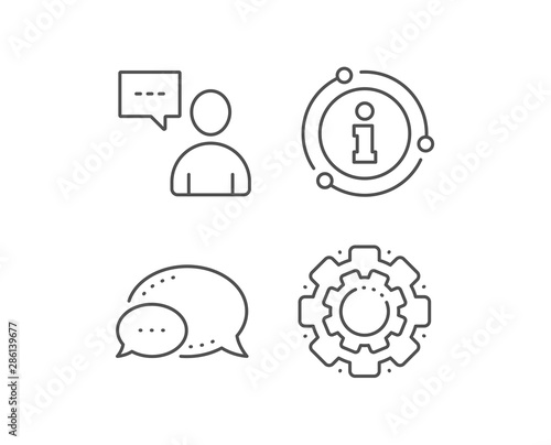User communication line icon. Chat bubble, info sign elements. Person with chat speech bubble sign. Human silhouette symbol. Linear users chat outline icon. Information bubble. Vector