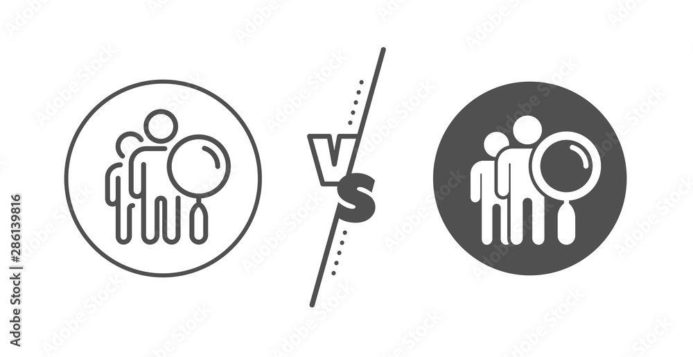 Find employee sign. Versus concept. Search people line icon. Magnify glass. Line vs classic search people icon. Vector