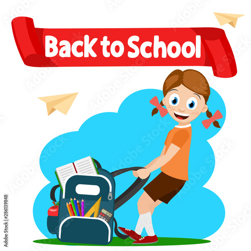 Girl drags a large backpack with books to school, a character on a white background. Back to school.