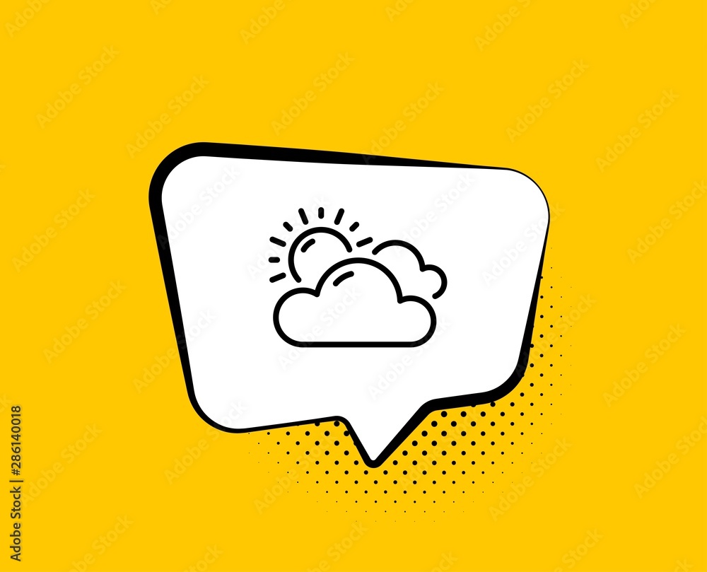 Sunny weather forecast line icon. Comic speech bubble. Clouds with sun sign. Cloudy sky symbol. Yellow background with chat bubble. Sunny weather icon. Colorful banner. Vector Sunny weather forecast line icon. Comic speech bubble. Clouds with sun sign. Cloudy sky symbol. Yellow background with chat bubble. Sunny weather icon. Colorful banner. Vector