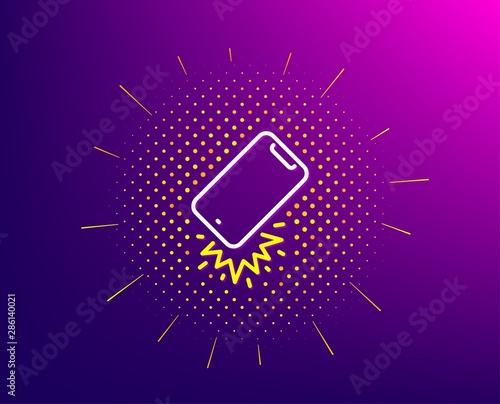 Smartphone falling line icon. Halftone pattern. Phone crash sign. Mobile device fall symbol. Gradient background. Smartphone broken line icon. Yellow halftone pattern. Vector