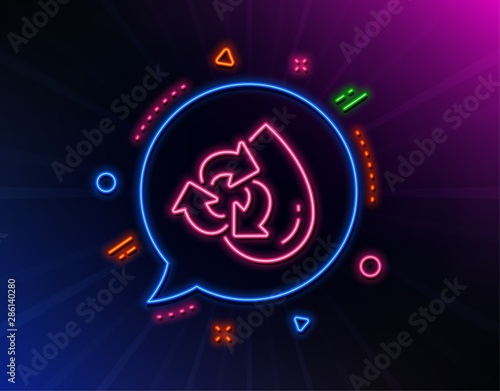 Water drop line icon. Neon laser lights. Recycle clean aqua sign. Refill liquid symbol. Glow laser speech bubble. Neon lights chat bubble. Banner badge with recycle water icon. Vector