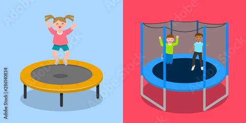 Trampoline jumping banner set. Flat illustration of trampoline jumping vector banner set for web design