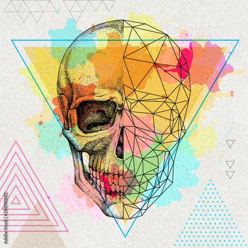 Hipster realistic and polygonal skull on artistic watercolor background