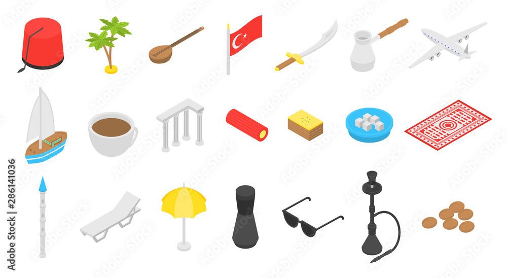Fototapeta premium Turkey country icons set. Isometric set of turkey country vector icons for web design isolated on white background