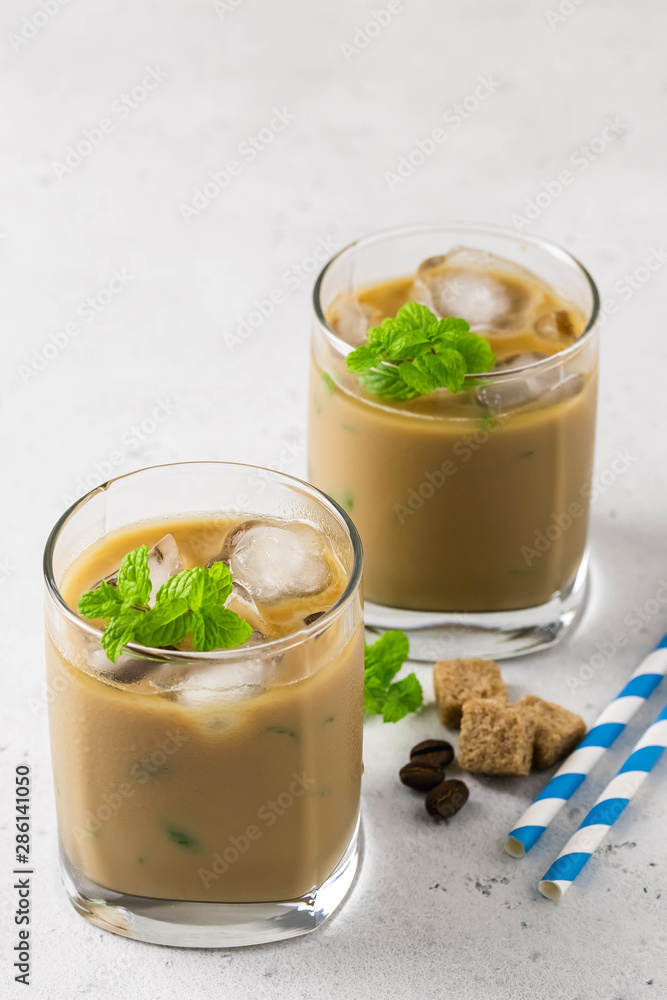 Mint mojito iced coffee. Selective focus, space for text.