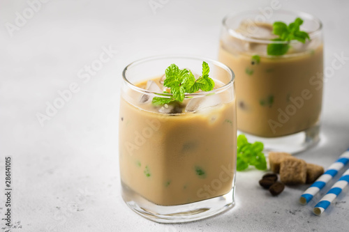 Mint mojito iced coffee. Selective focus, space for text.