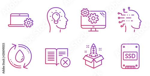 Notebook service, Settings and Refill water line icons set. Idea head, Startup and Reject book signs. Artificial intelligence, Ssd symbols. Computer repair, Cogwheel tool. Technology set. Vector