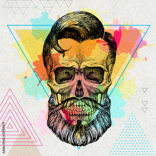 Hand drawing hipster skull illustration on artistic watercolor background. Hipster fashion style