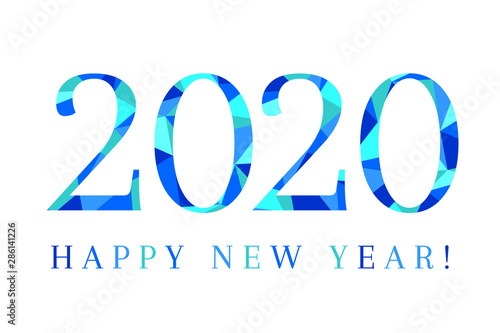 2020 and happy new year. Low poly design in blue color on white background.