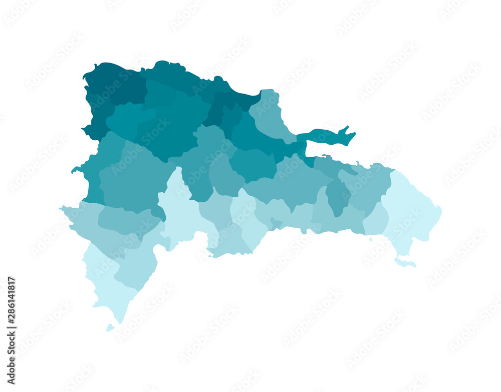 Vector isolated illustration of simplified administrative map of Dominican Republic. Borders of the provinces. Colorful blue khaki silhouettes